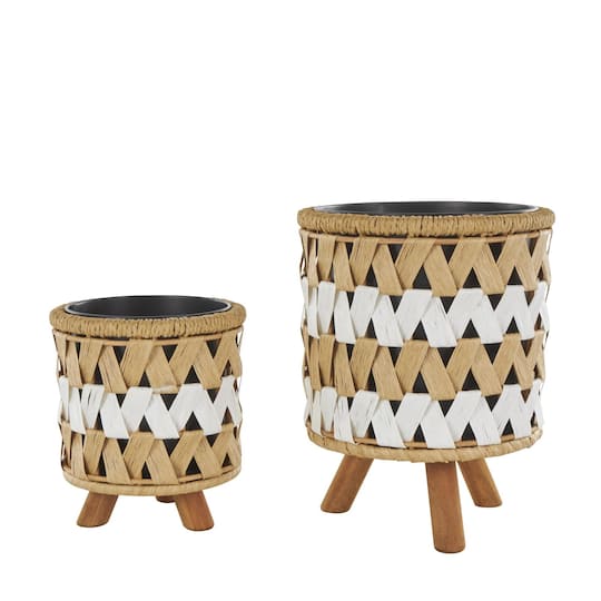 Brown Jute Rope Geometric Woven Chevron Planter Set